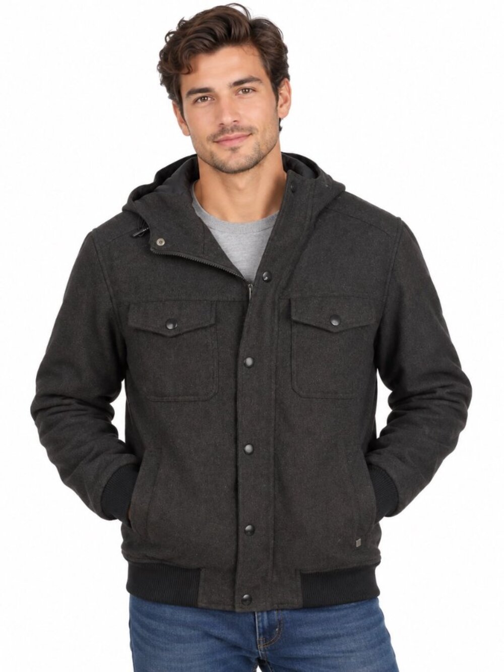 Cotton On Men's Dark Charcoal Hooded Bomber Jacket
